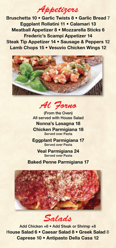 Menu for Appetizers, Al Forno and Salads